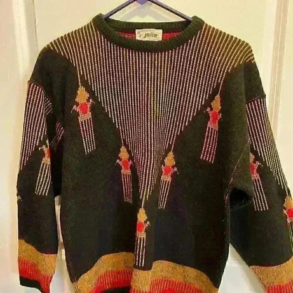 Vintage Sparkly Black Gold Thread Geometric PatternSweater by Jolie 1980's SZ MD